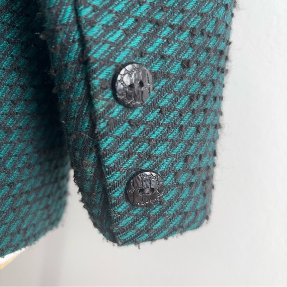 Vintage 80s Emerald Green & Black Bouclé Blazer with Leather Trim M/L - Picture 11 of 15